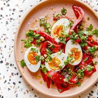 Roast peppers with 'jammy' eggs & almond & parsley dressing_image