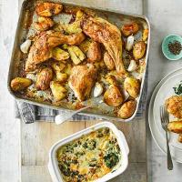 Roast chicken with squashed new potatoes & cheesy creamed spinach image