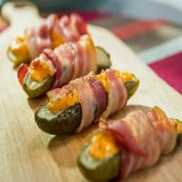 Bacon-Wrapped Pickles Stuffed with Pimento Cheese image