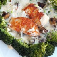 Pan-Seared Cod, Broccoli, and Mushrooms with Creamy Alfredo Sauce image