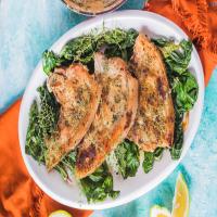 Honey Mustard Pork Chops With Capers and Mustard Greens image