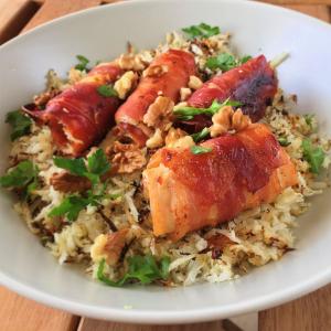 Herby Cauliflower Rice with Pecans and Candied Bacon-Wrapped Chicken image