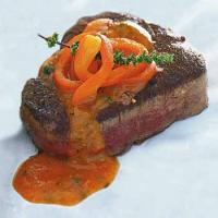 Pan-Seared Filet Mignon with Red Bell Pepper, Tomato, and Basil Sauce image