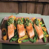 Salmon with Snap Peas, Yellow Peppers, and Dill-Pistachio Pistou_image