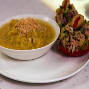 Chill Out, Spanish Style: Yellow Tomato Gazpacho, Toasted Almond Breadcrumbs, Tuna Salad Stuffed Piquillos or Plum Tomatoes_image