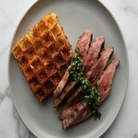 Flank Steak with Herb Sauce and Three Cheese Waffle Hash Browns_image