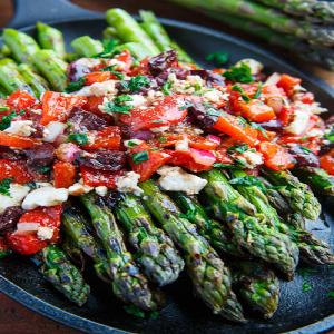 Grilled Asparagus with Marinated Roasted Red Peppers, Feta and Kalamata Olives Recipe_image