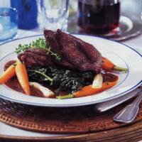 Chicken in Red Wine Sauce with Root Vegetables and Wilted Greens image