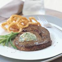 Rib-Eye Steaks with Gorgonzola Butter and Crispy Sweet Onion Rings image