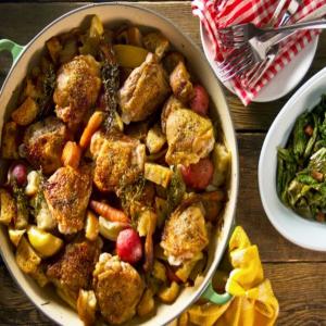 Lemon-Scented Crispy Chicken Thighs, Potatoes & Baby Carrots_image