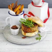 Homemade burgers with sweet potato wedges_image