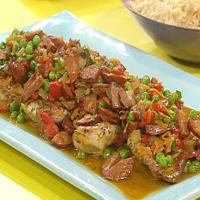 Chicken with Roasted Red Pepper, Chorizo and Sweet Pea Sauce over Rice_image