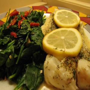 Lemon Dill Cod With Mustard Sauce and Garlic Wilted Spinach image