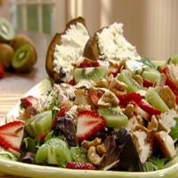 Turkey-Mixed Greens Salad with Strawberries, Kiwi and Cashews in Honey-Sesame Dressing image