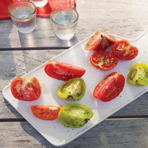 Tomato Wedges with Flaked Sea Salt, Pepper, and Chilled Vodka_image