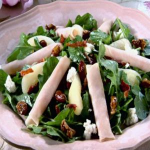 Smoked Turkey and Pear Salad with Pomegranate Vinaigrette and Prosciutto Croutons image
