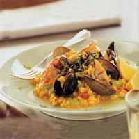 Mussels, Clams and Shrimp with Saffron Risotto and Green Olive Relish image
