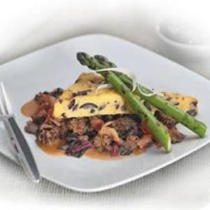 Oven-Roasted Polenta with Black Olives, Morel Mushroom Ragout and Grilled Spring Asparagus_image