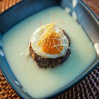 Potato Soup with Bacon, Cheddar Bread Pudding and Fried Egg image
