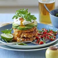 Sweetcorn cakes with poached eggs & salsa image