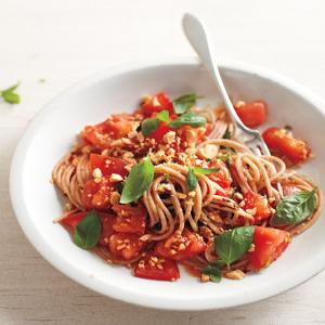 Farro Spaghetti With Fresh Tomatoes and Marcona Almonds image