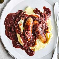 Bangers and mash with onion gravy image