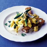 Soft herb scrambled egg with asparagus image