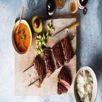 Skirt-Steak Skewers with Avocado and Pepper Sauce image