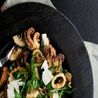 Crispy Calamari, Lemon and Maitake Salad Over Arugula image
