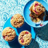 Raspberry & white chocolate crumble muffins image