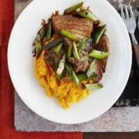 Seared soy tuna steaks with spring onions & a ginger sweet potato mash image