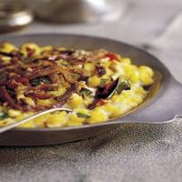 Creamed Corn Gratin with Fried Onion Rings and Bacon image