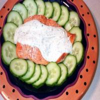 Grilled Salmon With Chive and Dill Sauce and Cucumbers_image