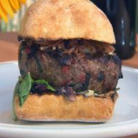 Feta Florentine Burgers with Frizzled Prosciutto on Parmesan-Toasted Ciabatta Rolls image