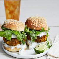 Grilled Curried Pumpkin Burgers with Cucumber and Mint Raita_image