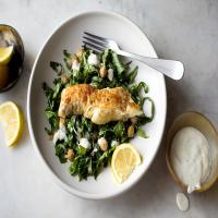 Pan-Fried Halibut With Spiced Chickpea and Herb Salad image