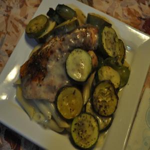 Baked Tilapia with Roasted Zuccini, Penne, & White Wine Cream Sauce_image