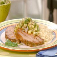 Hot Chile Grilled Pork Rounds with Avocado-Mango Salsa over Couscous_image
