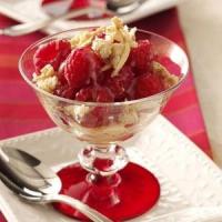 Raspberries with White Chocolate Sauce and Sugared Almonds_image