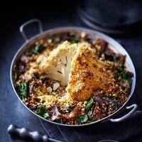 Whole roasted cauliflower with red wine, shallots & wheatberries image