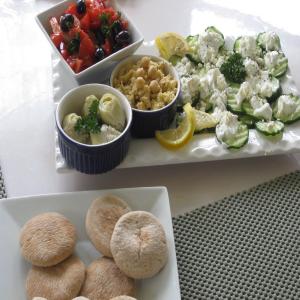 Meze Platter: Hummus, Shrimp Salad, Cucumber Salad image