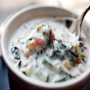Yogurt Soup With Spelt, Cucumbers and Watercress_image
