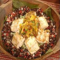 Seared Mahi Mahi with Grilled Mango-Pineapple Salsa, Green Rice, and Black Beans_image