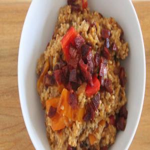 Steel Cut Oatmeal with Chorizo, Peppers and Onions_image