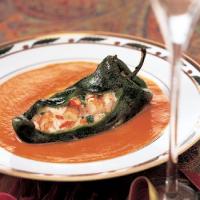 Cheese- and Shrimp-Stuffed Roasted Poblanos with Red Bell Pepper Sauce image