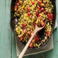 Skillet Corn, Edamame, and Tomatoes with Basil Oil image