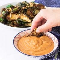 Fried Brussels Sprouts with Gochujang-Mayo Dip_image
