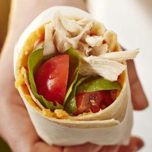 Chicken wrap with sticky sweet potato, salad leaves & tomatoes_image