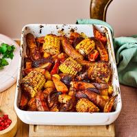 Sausage & sweet potato traybake image