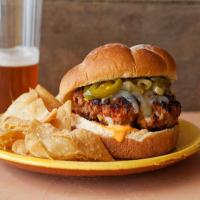 Latin Burgers with Caramelized Onion and Jalapeno Relish and Red Pepper Mayonnaise_image